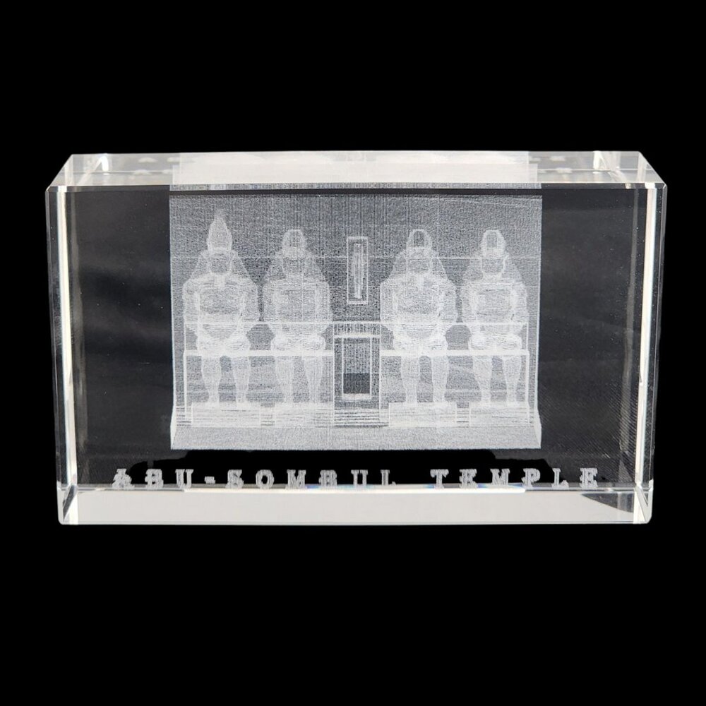 Egyptian Glass Paperweight 3D Etched Crystal Souvenir Abu Simbel Temple Egypt 4"